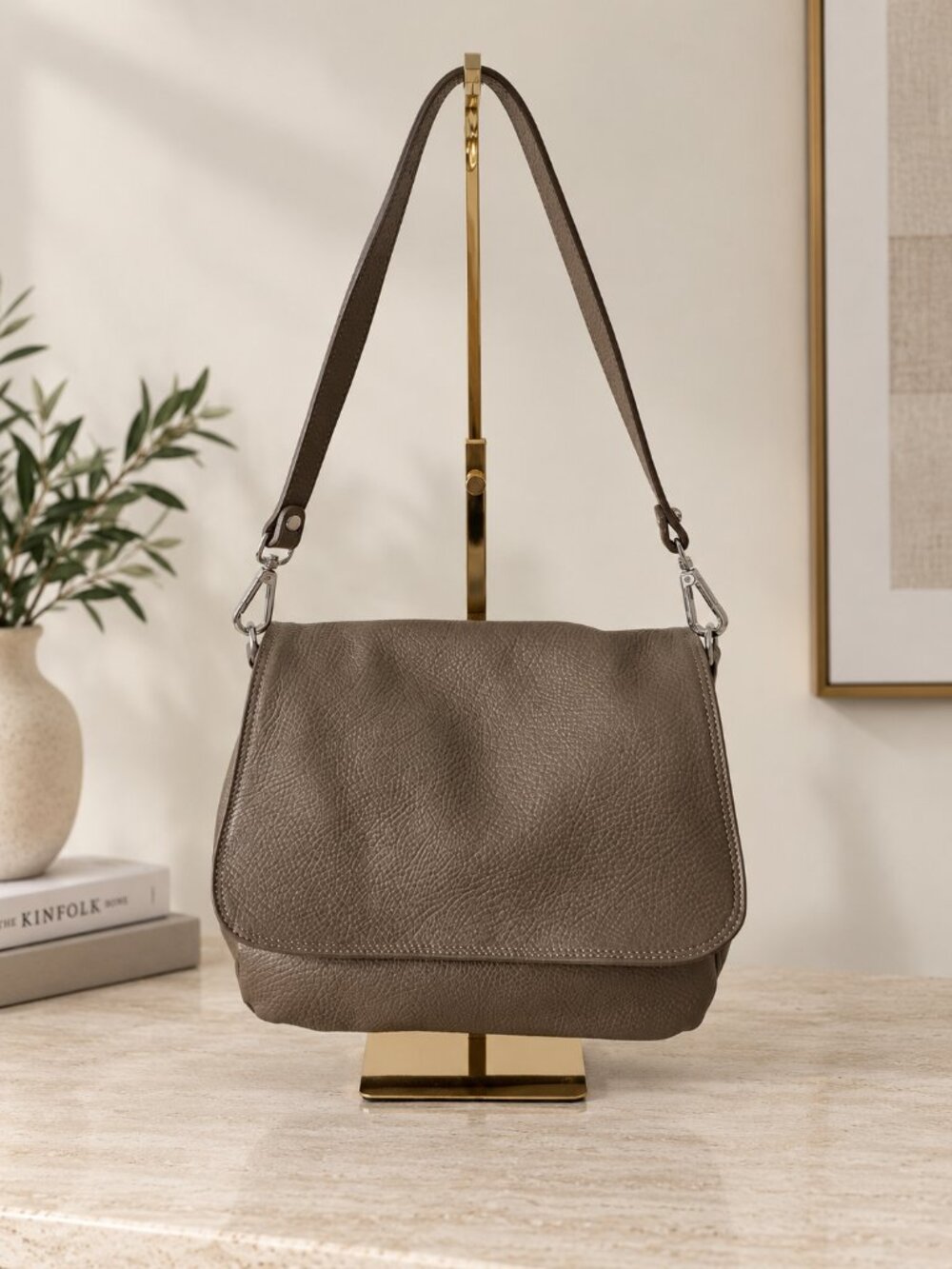 Taupe Italian Leather Crossbody Bag, Grained Leather Shoulder Bag, Made in Italy